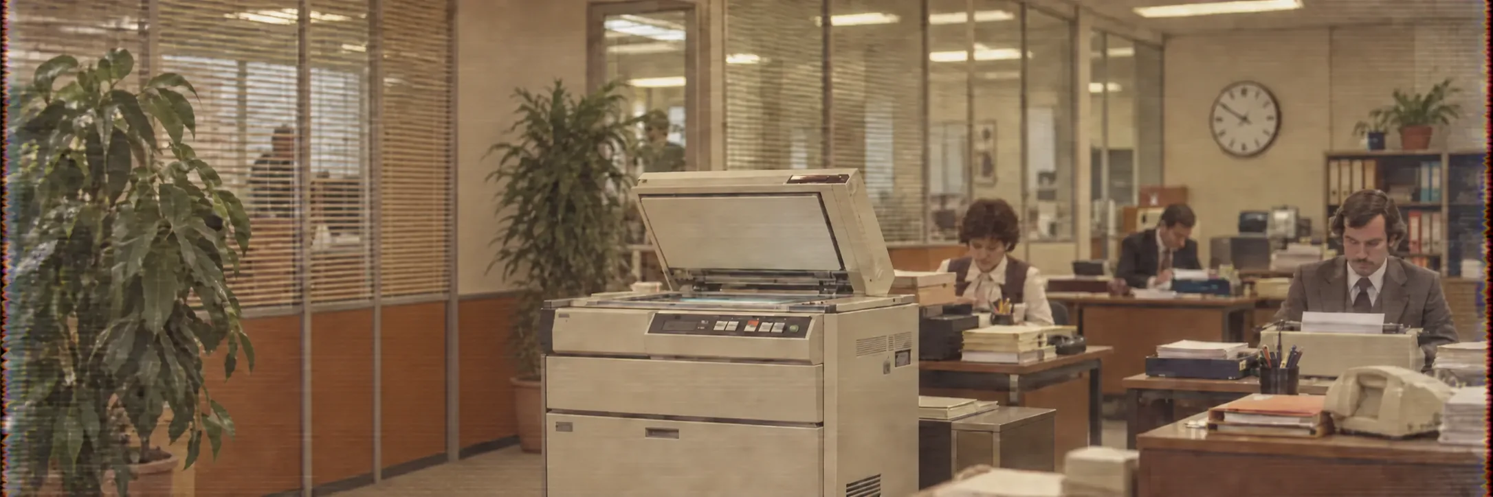 Un photocopieur dans un bureau ouvert des années 1980, où des employés travaillent à la machine à écrire
