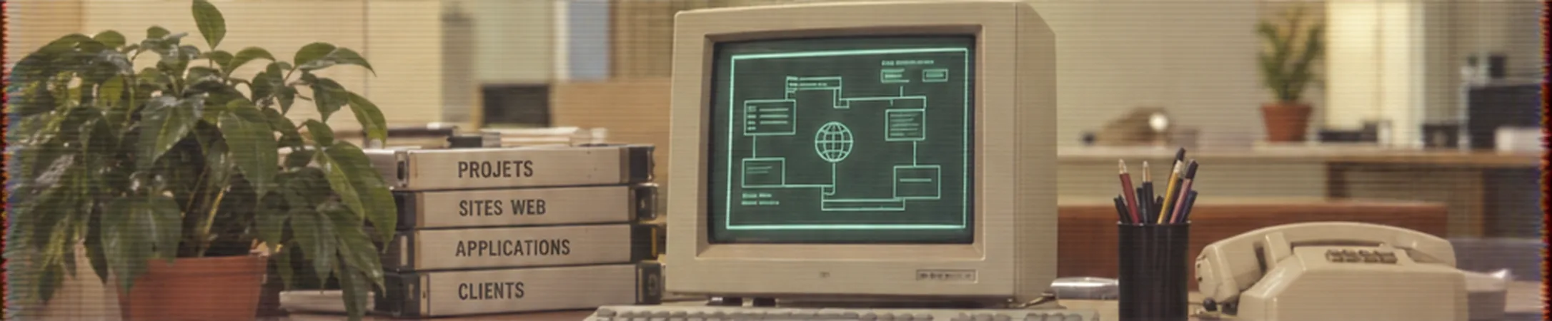 Un bureau des années 1980 : un écran vert affiche un schéma, à côté de classeurs marqués Projets, Sites web, Applications, Clients